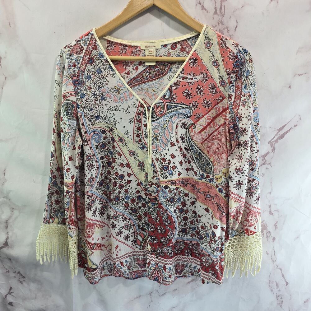 Sundance Shirt Womens Medium P Pink Peasant Paisley Prairie Poet Macrame V